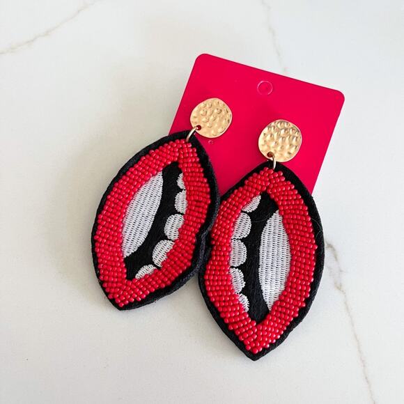 Jewelry - Red Beaded Lips Lightweight Pierced Earrings